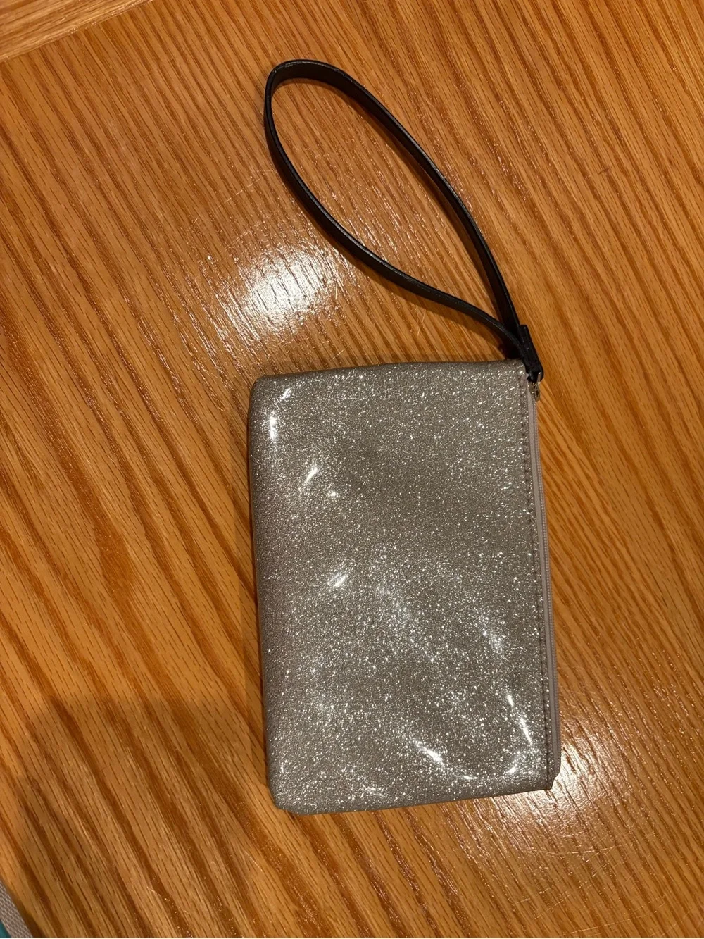kate spade Silver Glitter Wristlet Clutch with Black Strap